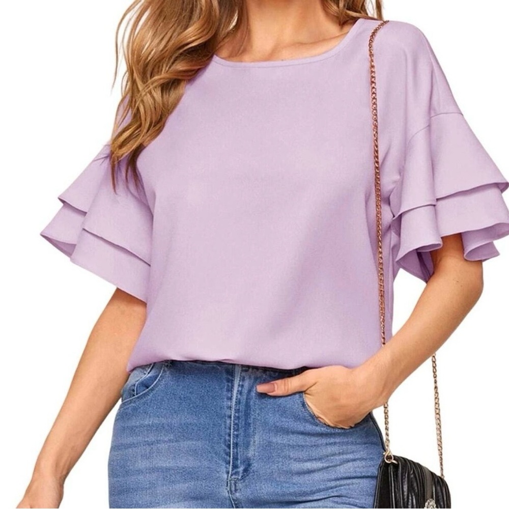Zara‎ Basic Ruffle Tiered Sleeve Blouse Top Romantic Lavender Purple Medium